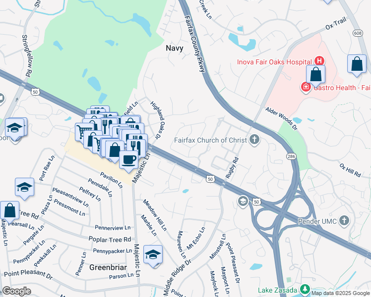 map of restaurants, bars, coffee shops, grocery stores, and more near 2903 Roseline Road in Fairfax