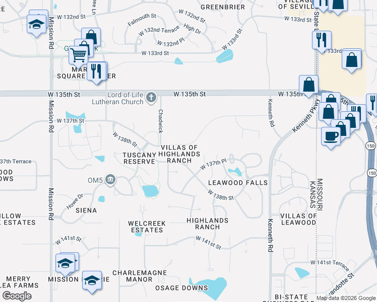 map of restaurants, bars, coffee shops, grocery stores, and more near 2842 West 137th Terrace in Overland Park