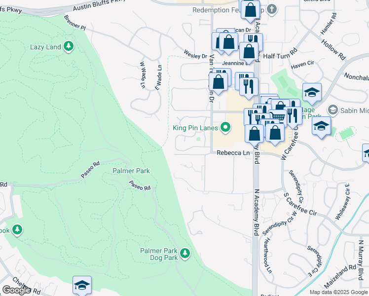 map of restaurants, bars, coffee shops, grocery stores, and more near 3690 Knoll Lane in Colorado Springs