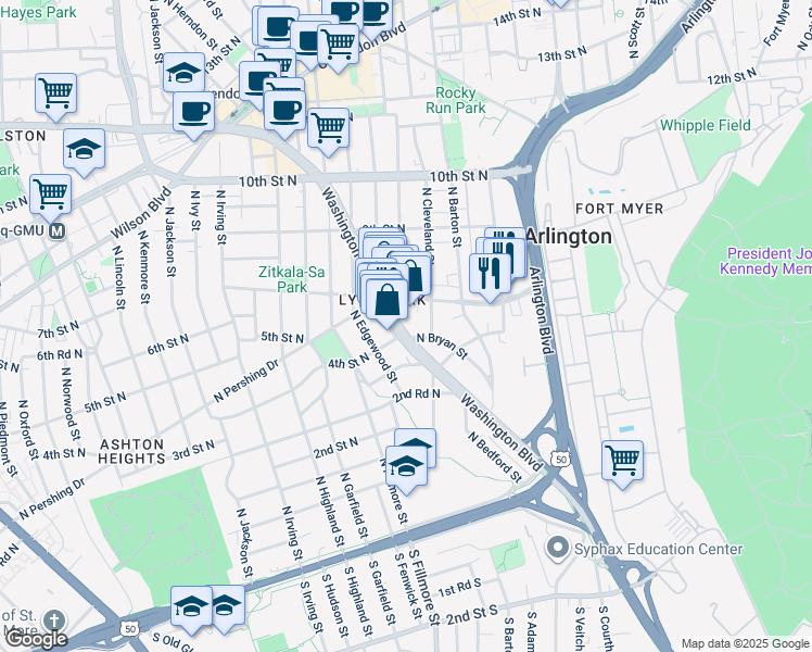 map of restaurants, bars, coffee shops, grocery stores, and more near 2629 Washington Boulevard in Arlington
