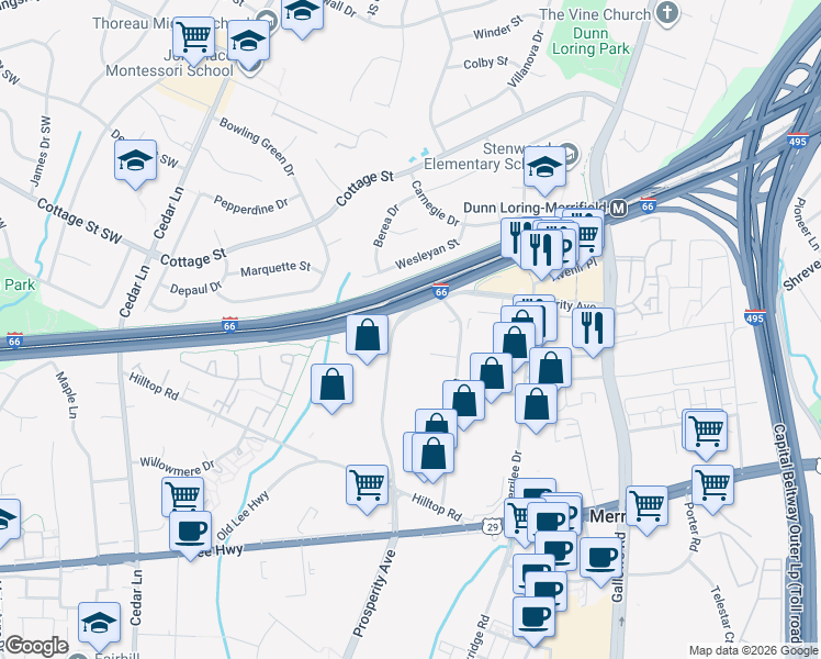 map of restaurants, bars, coffee shops, grocery stores, and more near 2701 Prosperity Avenue in Fairfax