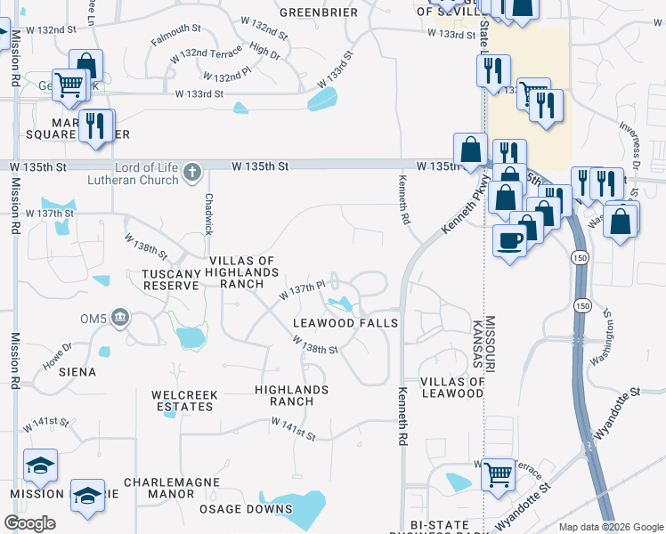 map of restaurants, bars, coffee shops, grocery stores, and more near 2434 West 137th Place in Overland Park
