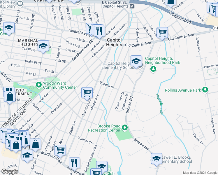 map of restaurants, bars, coffee shops, grocery stores, and more near 5213 Doppler Street in Capitol Heights