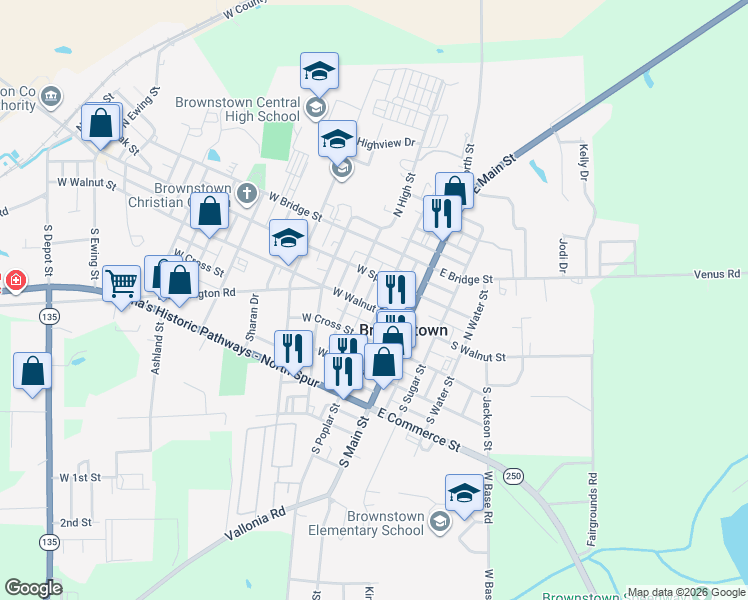 map of restaurants, bars, coffee shops, grocery stores, and more near 110 North Poplar Street in Brownstown