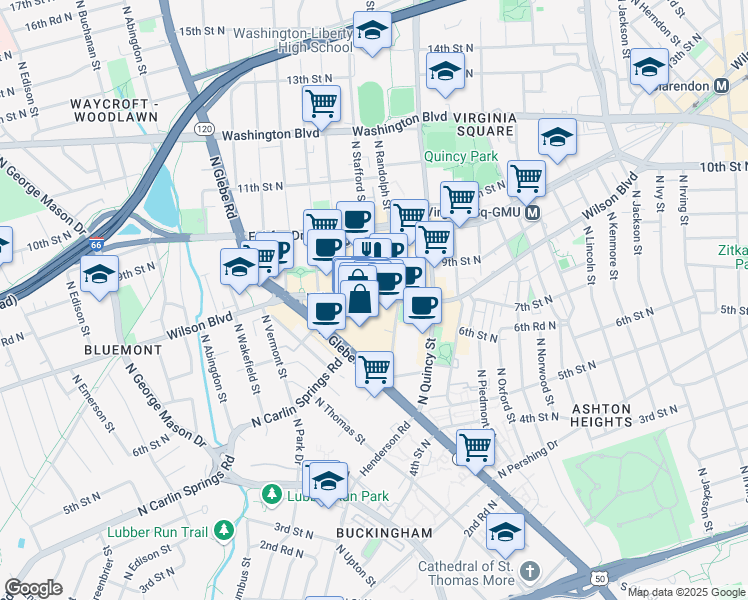 map of restaurants, bars, coffee shops, grocery stores, and more near 4201 Wilson Boulevard in Arlington