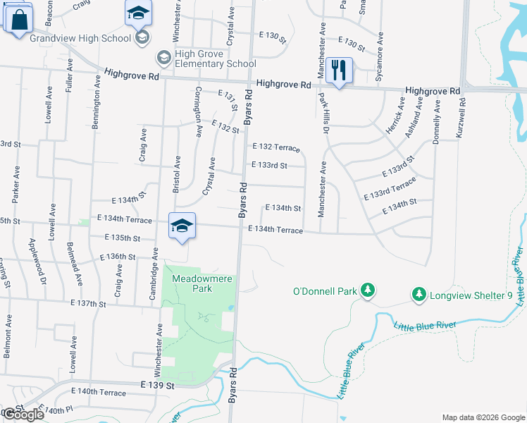 map of restaurants, bars, coffee shops, grocery stores, and more near 7407 East 134th Street in Grandview