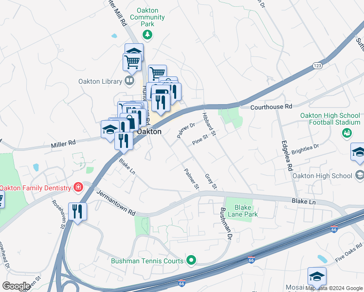 map of restaurants, bars, coffee shops, grocery stores, and more near 2906 Gray Street in Oakton