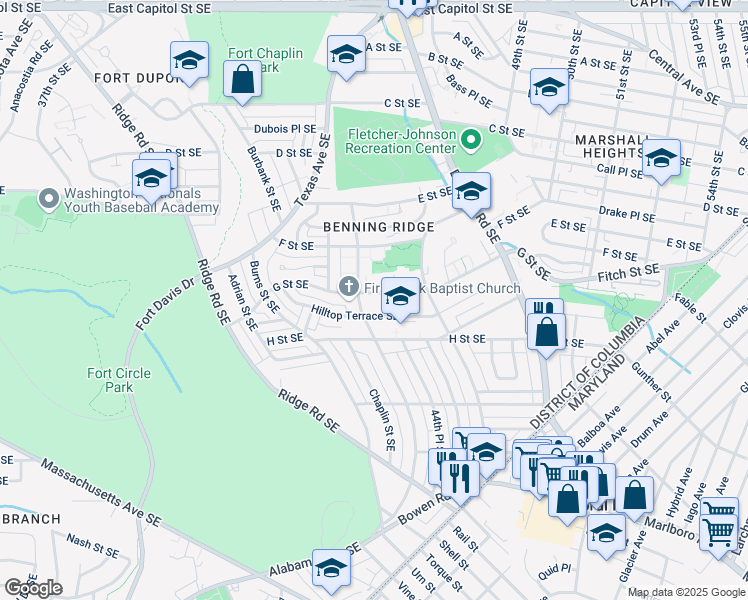 map of restaurants, bars, coffee shops, grocery stores, and more near 4407 G Street Southeast in Washington