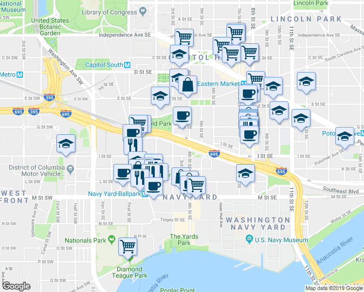 map of restaurants, bars, coffee shops, grocery stores, and more near 329 Virginia Avenue Southeast in Washington