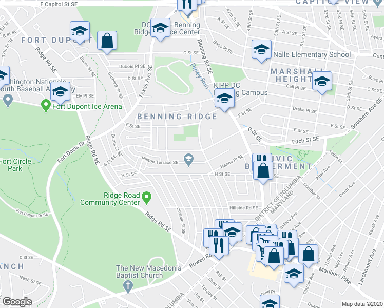 map of restaurants, bars, coffee shops, grocery stores, and more near 4439 G Street Southeast in Washington