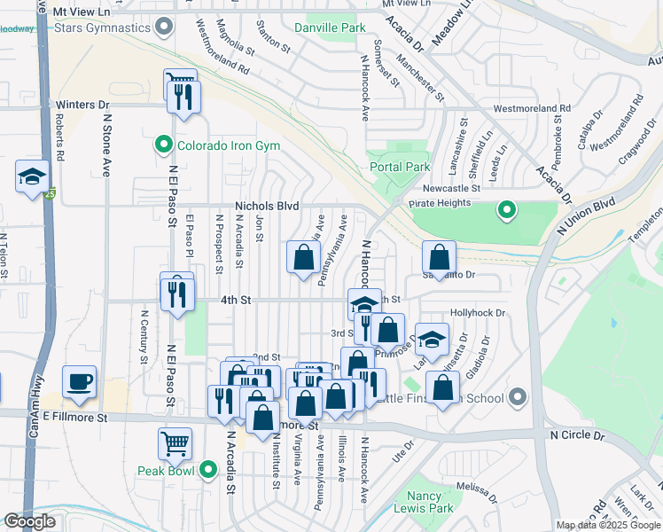 map of restaurants, bars, coffee shops, grocery stores, and more near 3215 Pennsylvania Avenue in Colorado Springs