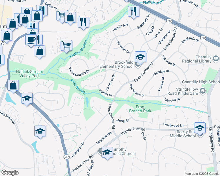 map of restaurants, bars, coffee shops, grocery stores, and more near 4317 De Haven Drive in Chantilly