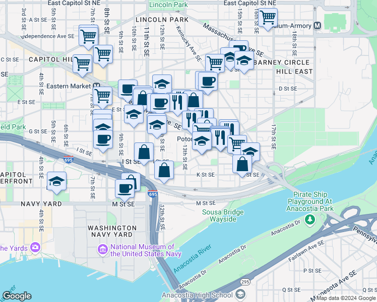 map of restaurants, bars, coffee shops, grocery stores, and more near 750 13th Street Southeast in Washington