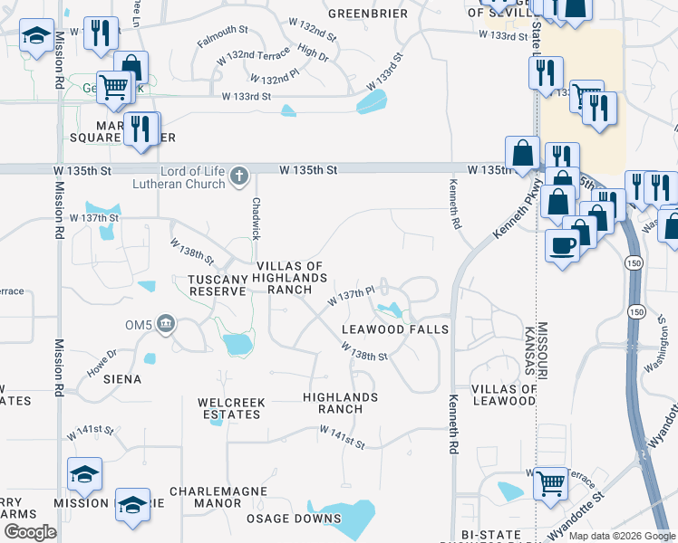 map of restaurants, bars, coffee shops, grocery stores, and more near 13641 Belinder Street in Overland Park