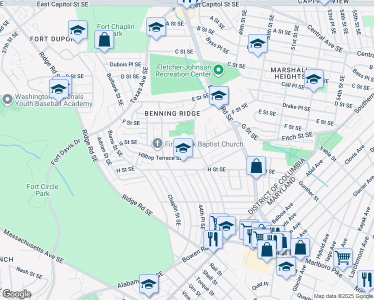 map of restaurants, bars, coffee shops, grocery stores, and more near 4439 G Street Southeast in Washington