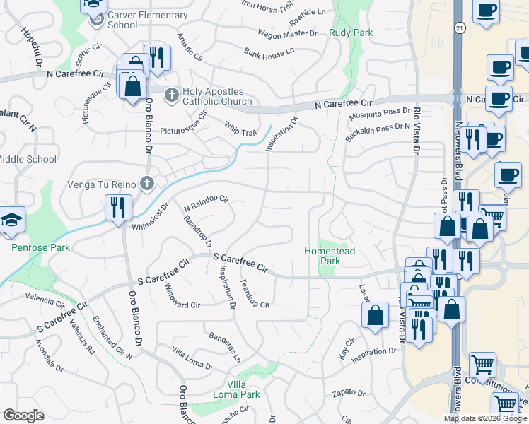 map of restaurants, bars, coffee shops, grocery stores, and more near 3325 Inspiration Drive in Colorado Springs