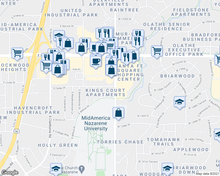 map of restaurants, bars, coffee shops, grocery stores, and more near 2333 E Cedar St in Olathe