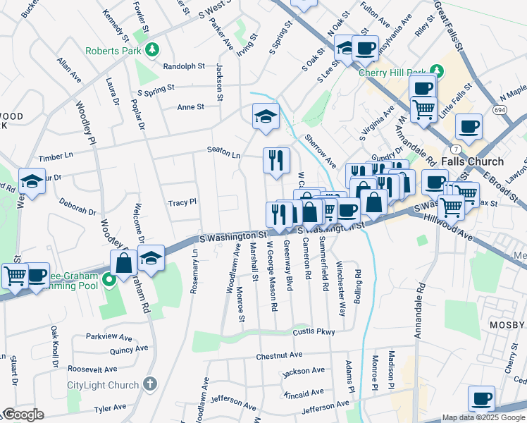 map of restaurants, bars, coffee shops, grocery stores, and more near 107 West George Mason Road in Falls Church