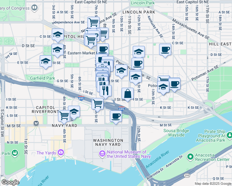 map of restaurants, bars, coffee shops, grocery stores, and more near 742 9th Street Southeast in Washington