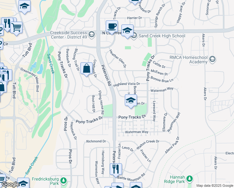 map of restaurants, bars, coffee shops, grocery stores, and more near 3344 Macgregor Drive in Colorado Springs