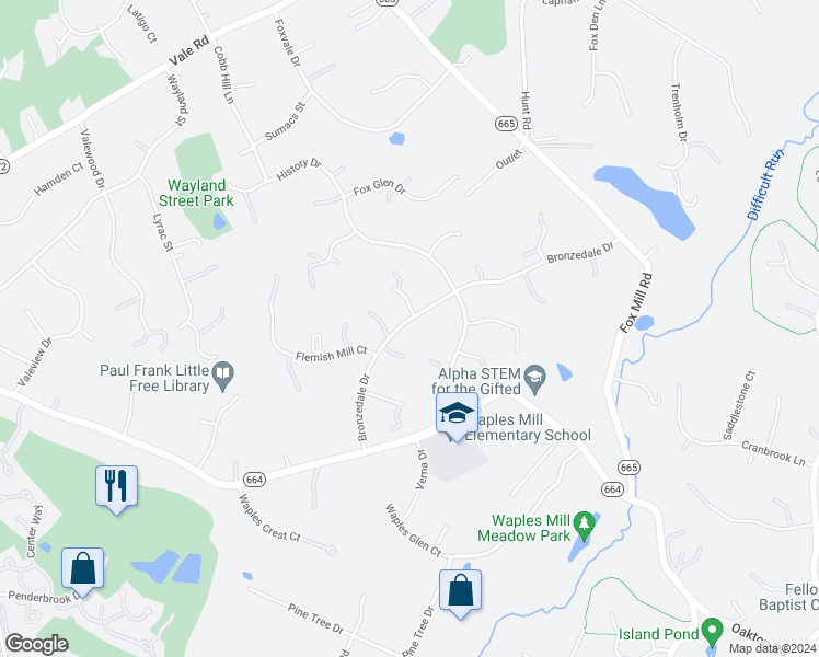 map of restaurants, bars, coffee shops, grocery stores, and more near 11453 Bronzedale Drive in Oakton