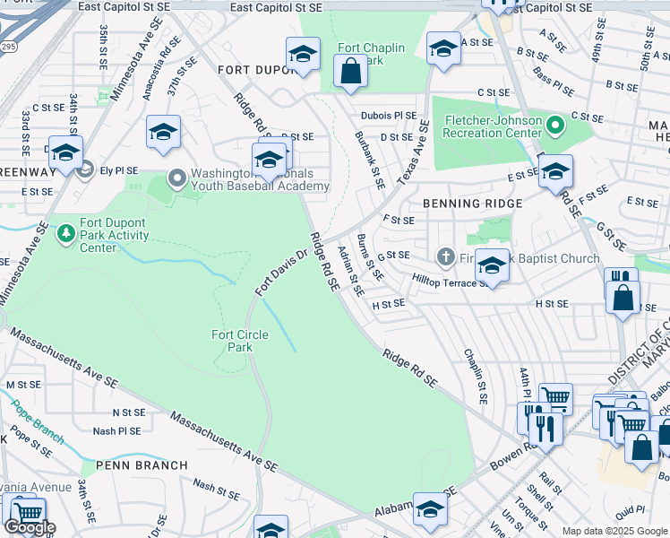 map of restaurants, bars, coffee shops, grocery stores, and more near 624 Ridge Road Southeast in Washington