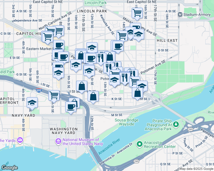 map of restaurants, bars, coffee shops, grocery stores, and more near 750 13th Street Southeast in Washington