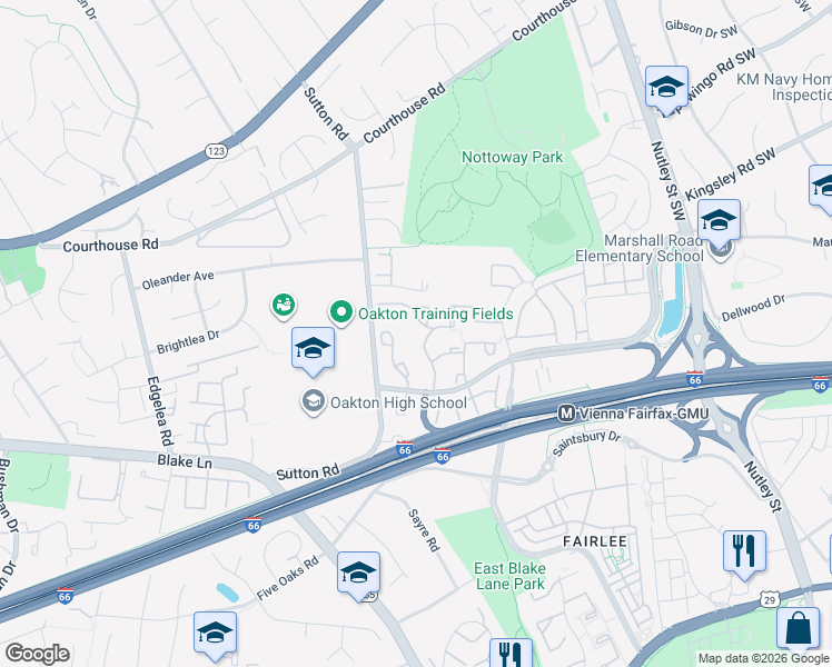 map of restaurants, bars, coffee shops, grocery stores, and more near 2900 Village Spring Lane in Vienna