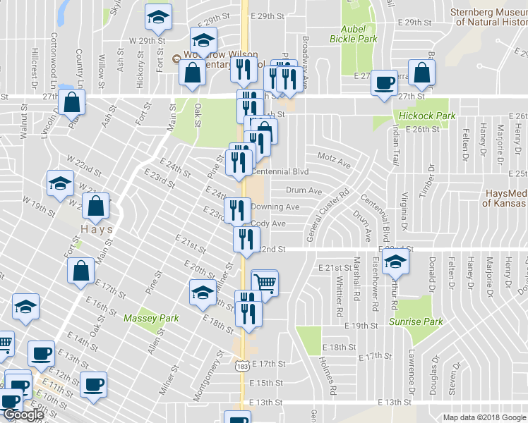 map of restaurants, bars, coffee shops, grocery stores, and more near 1010 Downing Avenue in Hays