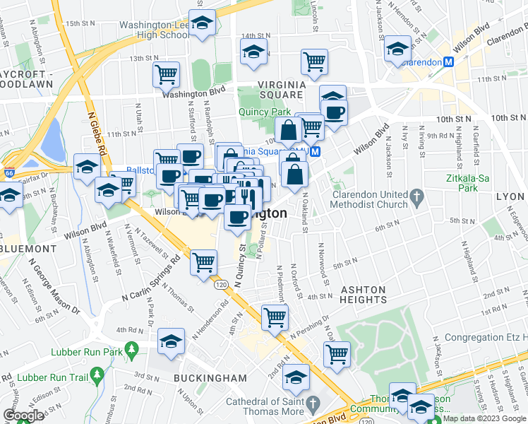 map of restaurants, bars, coffee shops, grocery stores, and more near Wilson Blvd & N Pollard St in Arlington