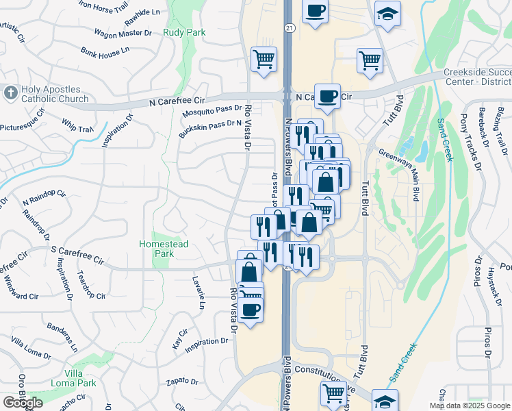 map of restaurants, bars, coffee shops, grocery stores, and more near 5645 South Buckskin Pass Drive in Colorado Springs