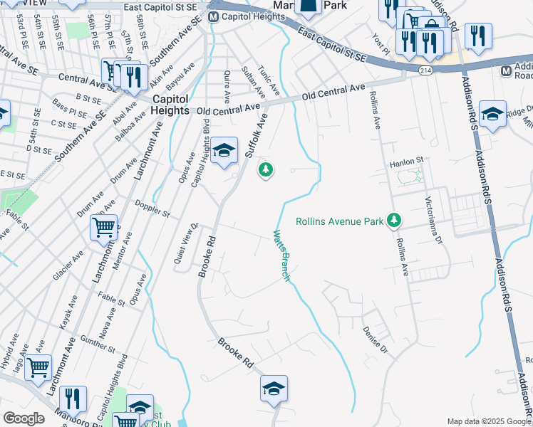 map of restaurants, bars, coffee shops, grocery stores, and more near in Capitol Heights