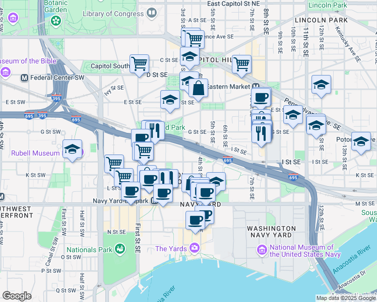 map of restaurants, bars, coffee shops, grocery stores, and more near 101 Independence Avenue Southeast in Washington