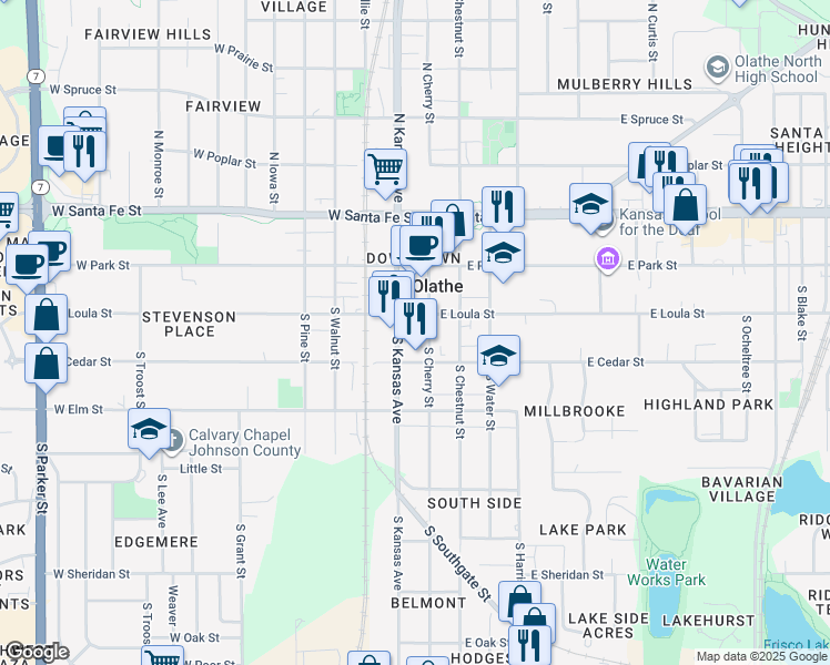 map of restaurants, bars, coffee shops, grocery stores, and more near in Olathe