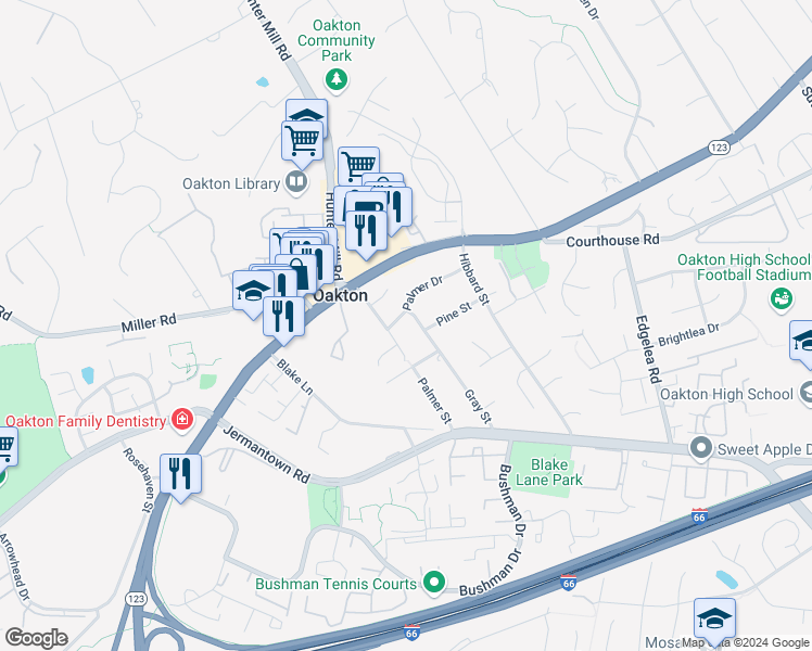 map of restaurants, bars, coffee shops, grocery stores, and more near 10167 Palmer Drive in Oakton