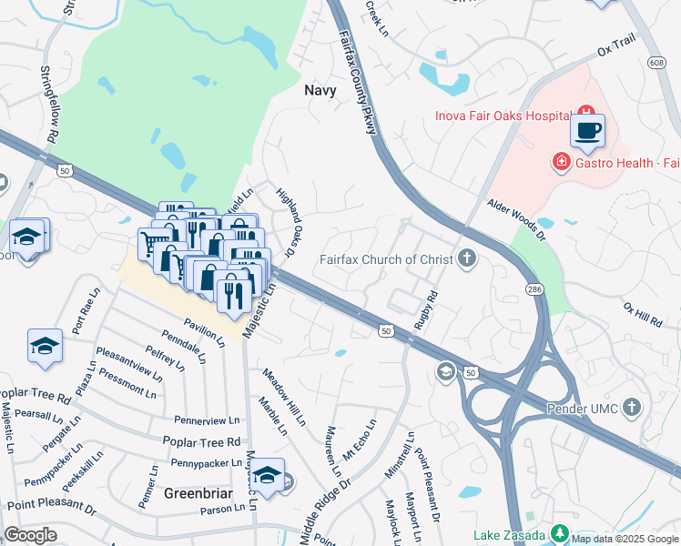 map of restaurants, bars, coffee shops, grocery stores, and more near 2903 Roseline Road in Fairfax