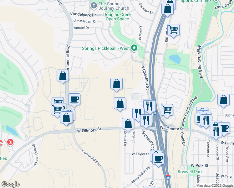 map of restaurants, bars, coffee shops, grocery stores, and more near 3355 Fillmore Ridge Heights in Colorado Springs