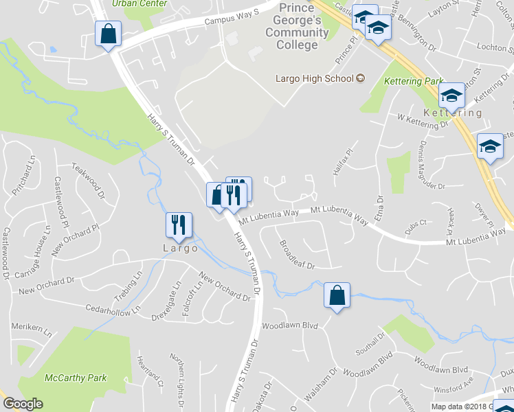 map of restaurants, bars, coffee shops, grocery stores, and more near 732 Parev Way in Upper Marlboro
