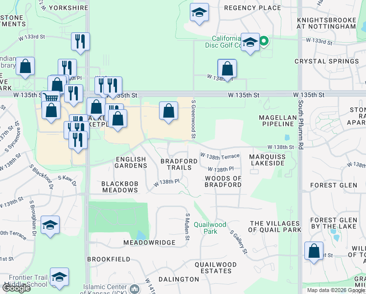 map of restaurants, bars, coffee shops, grocery stores, and more near 13805 South Mullen Street in Olathe