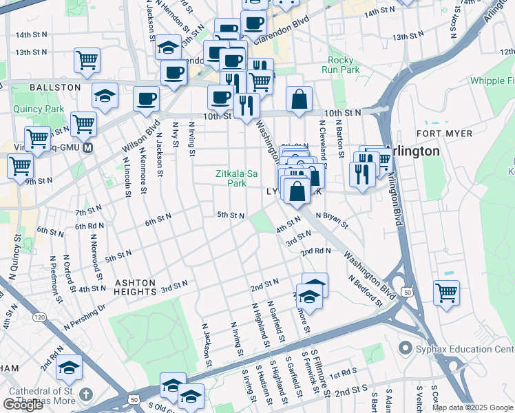 map of restaurants, bars, coffee shops, grocery stores, and more near 500 N Fillmore St in Arlington