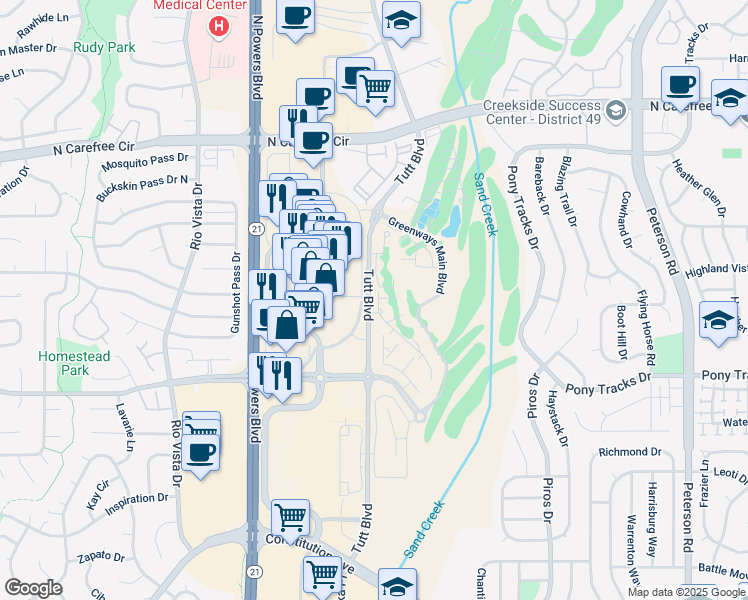 map of restaurants, bars, coffee shops, grocery stores, and more near 3295 Tutt Boulevard in Colorado Springs