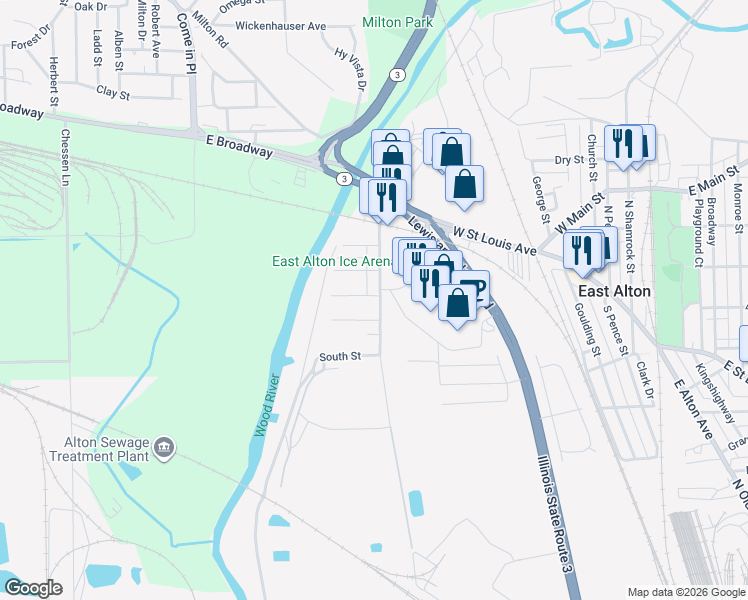 map of restaurants, bars, coffee shops, grocery stores, and more near 401 Niagara Street in East Alton