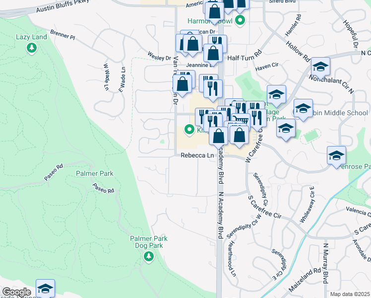 map of restaurants, bars, coffee shops, grocery stores, and more near 3630 Rebecca Lane in Colorado Springs