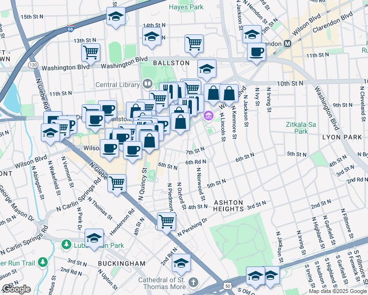 map of restaurants, bars, coffee shops, grocery stores, and more near 704 North Oakland Street in Arlington