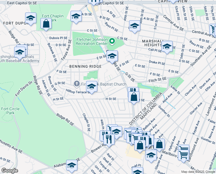 map of restaurants, bars, coffee shops, grocery stores, and more near 4618 Hilltop Terrace Southeast in Washington