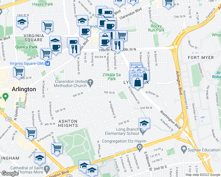 map of restaurants, bars, coffee shops, grocery stores, and more near 511 North Highland Street in Arlington