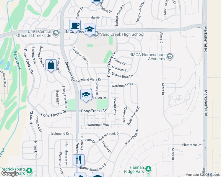 map of restaurants, bars, coffee shops, grocery stores, and more near 2671 Pony Tracks Drive in Colorado Springs