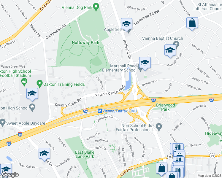 map of restaurants, bars, coffee shops, grocery stores, and more near 9486 Virginia Center Boulevard in Vienna
