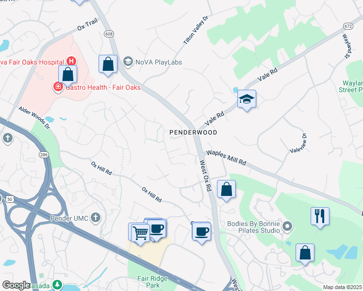 map of restaurants, bars, coffee shops, grocery stores, and more near 12330 Washington Brice Road in Fairfax