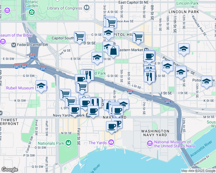 map of restaurants, bars, coffee shops, grocery stores, and more near 333 Virginia Avenue Southeast in Washington